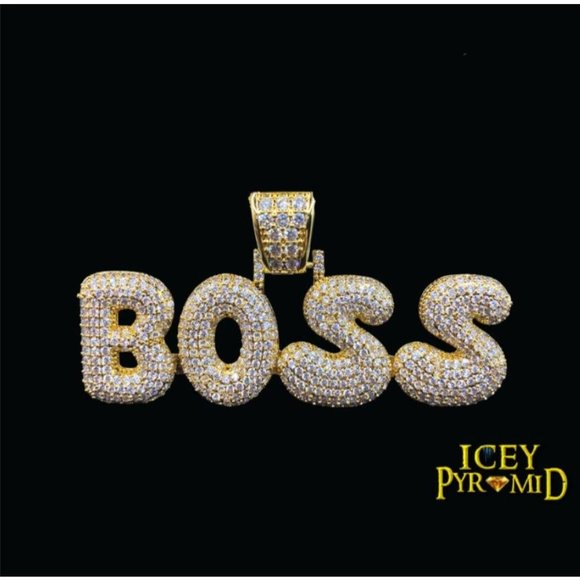 BOSS Iced Out Diamond Plated Pendant  Name NecklaceHip Hop Jewelry